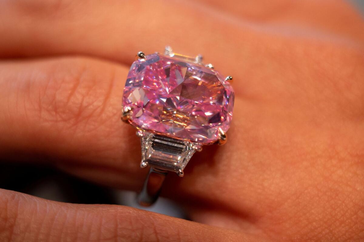 A pink diamond with an estimated value of $35 million is displayed during a press preview ahead of Sotheby's Magnificent Jewels sale on June 8, 2023 auction at Sotheby's in New York City, in New York City, US, March 27, 2023. — Reuters