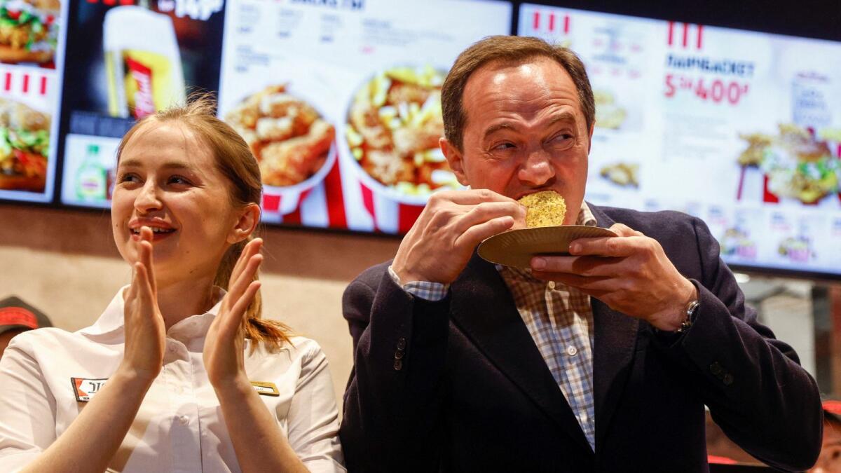 Konstantin Kotov, Co-founder of Smart Service company which received master franchise rights from American firm Yum!Brands for its Russian KFC restaurants that will reopen as Rostic's, takes part in a ceremony in Moscow, Russia, on Tuesday. — Reuters