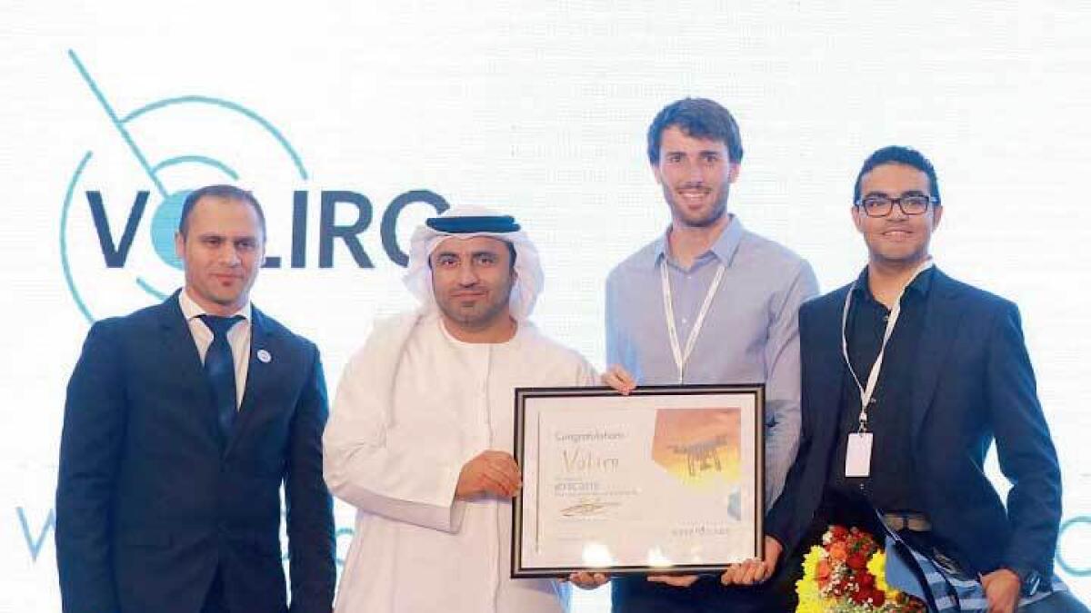 Krypto Labs managing director Dr Saleh Al Hashemi with the Swiss-based team members of Voliro, winners of the drone innovation start-up contest held in Abu Dhabi.