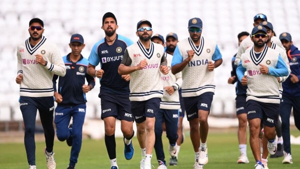 Indian captain Virat Kohli (centre) with teammates during a training session. (Twitter)