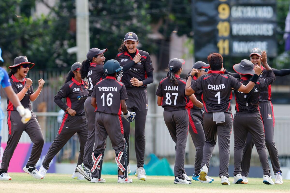 The UAE players celebrate the wicket of India's Dayalan Hemalatha during the Women's T20 Asia Cup match on Tuesday. (Asian Cricket Council)