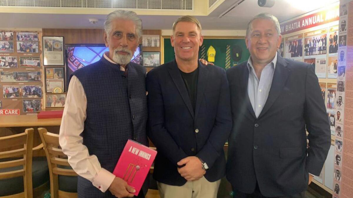 Shane Warne with Shyam Bhatia (left) at the latter's cricket museum in Dubai. (Supplied photo)