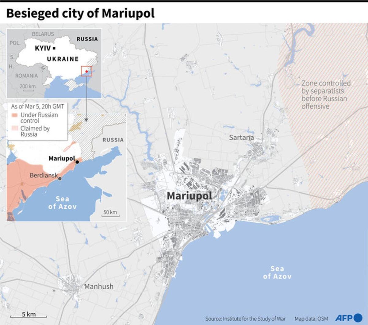 Map showing the city of Mariupol in Ukraine, besieged by Russian troops on March 5. Photo: AFP