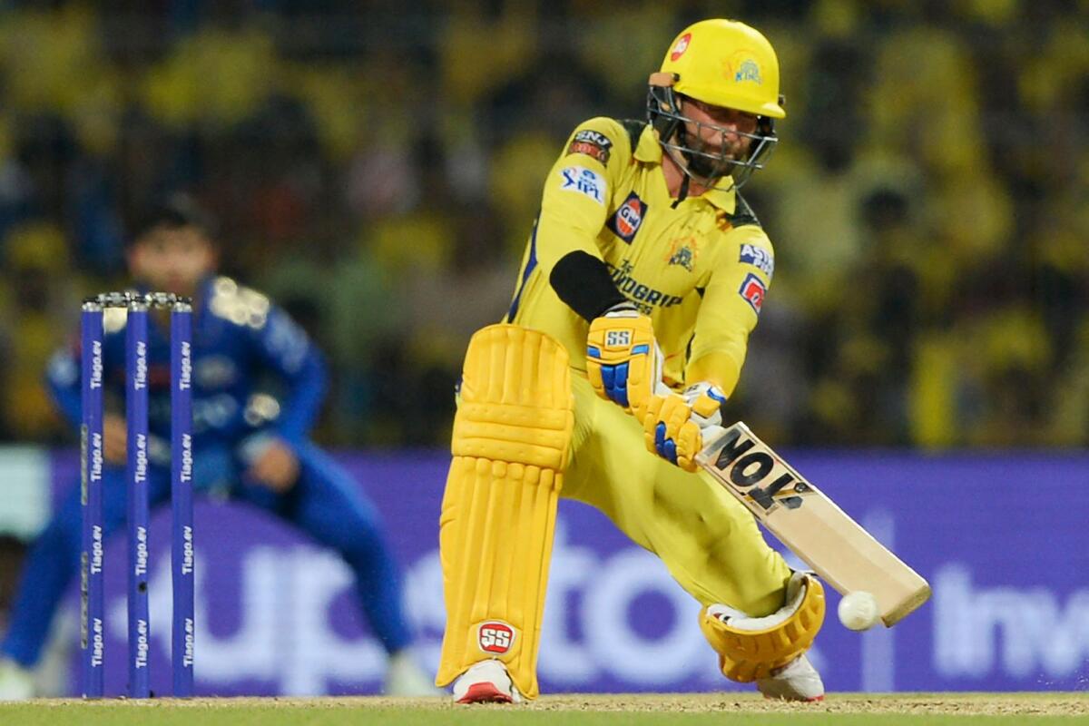 Chennai Super Kings' Devon Conway plays a shot during the match against Mumbai Indians. — AFP