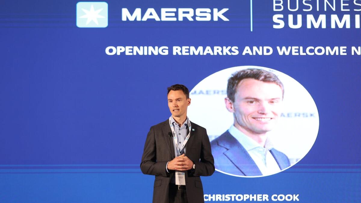Christopher Cook, Area Managing Director, Maersk UAE, Qatar and Oman, addressing the audience during his opening speech at the Maersk Business Summit