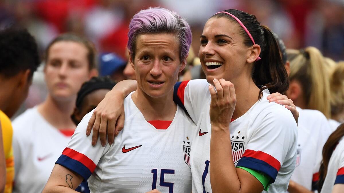 United States' Megan Rapinoe and Alex Morgan (right) celebrate after winning the the 2019 Women's World Cup final against the Netherlands. (AFP file)