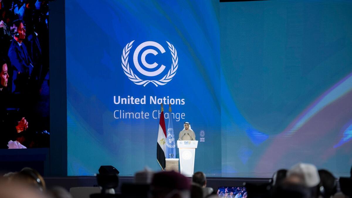 The President, His Highness Sheikh Mohamed bin Zayed Al Nahyan, delivers a speech during COP27 climate conference at the Sharm El Sheikh International Convention Center. — Wam