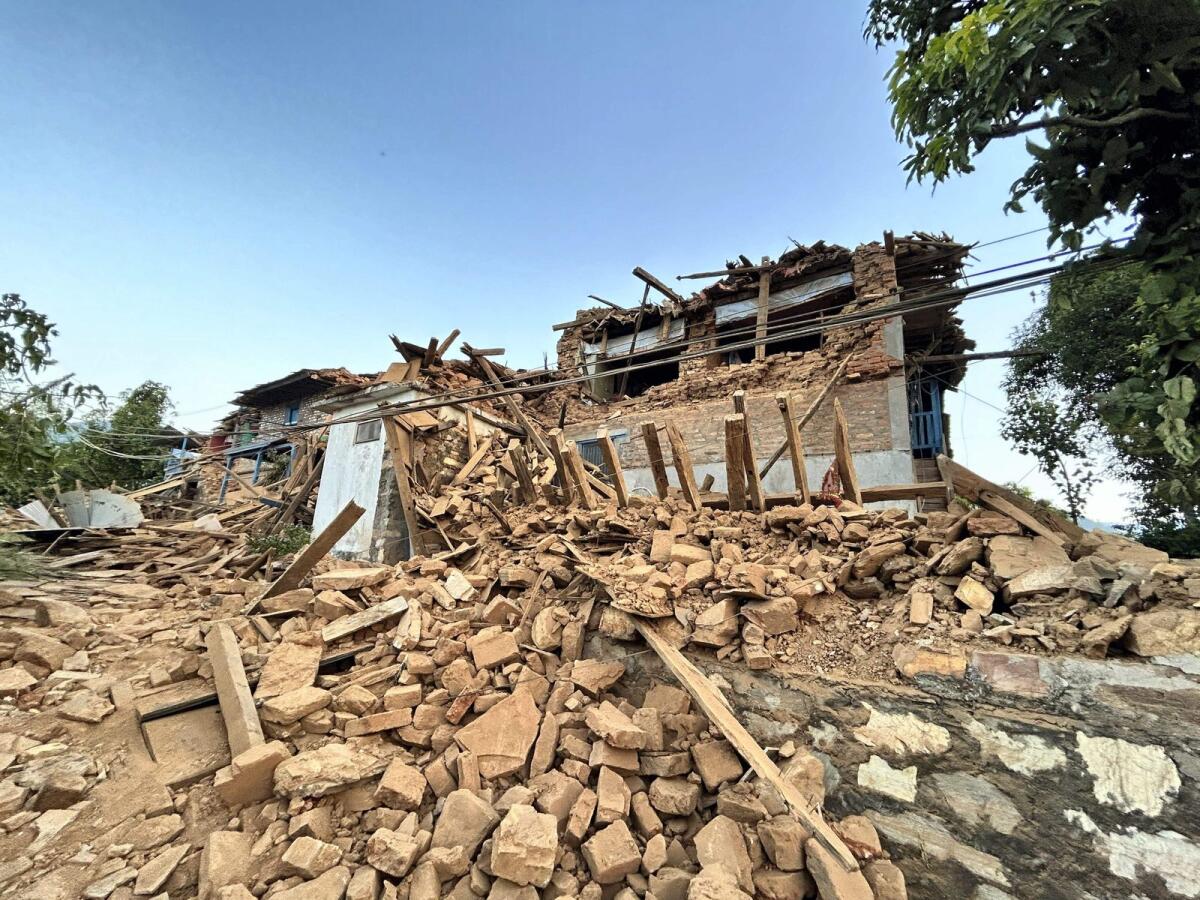 Rubble of houses after an earthquake in Jajarkot, Nepal, Sunday, Nov. 5, 2023. More than 150 people were killed and several others injured. Photo: PTI