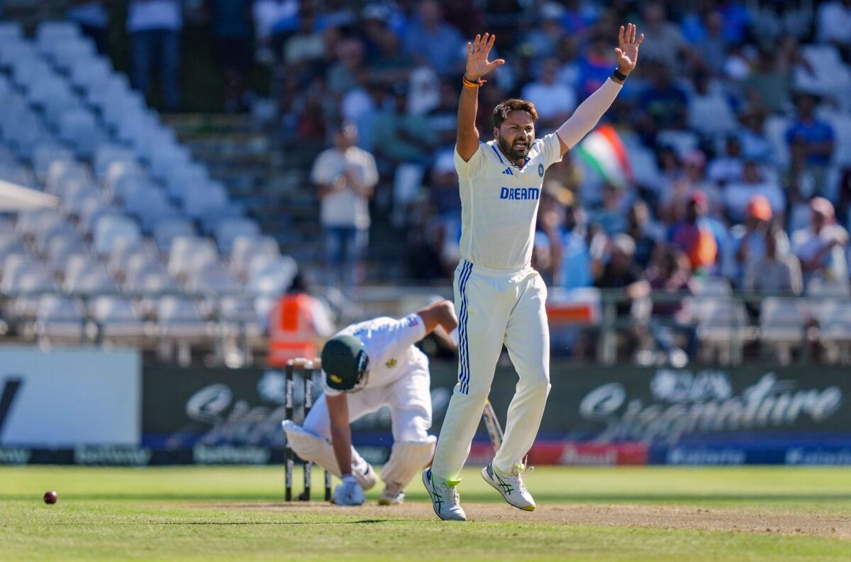 India's pace bowler Mukesh Kumar appeals for a wicket during the first day of the second Test against South Africa at Newlands in Cape Town. — PTI