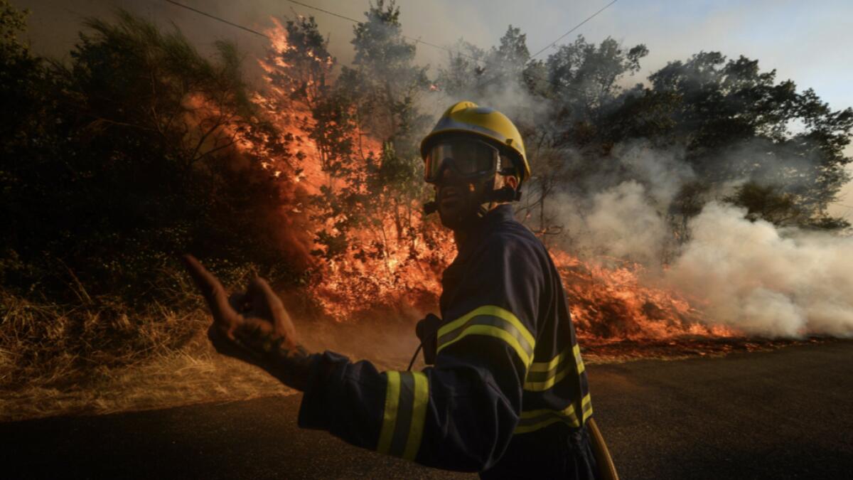 A firefighter reacts as a fire squad tries to extinguish a wildfire in the village of San Cristobal near Monterrey. Photo: AFP