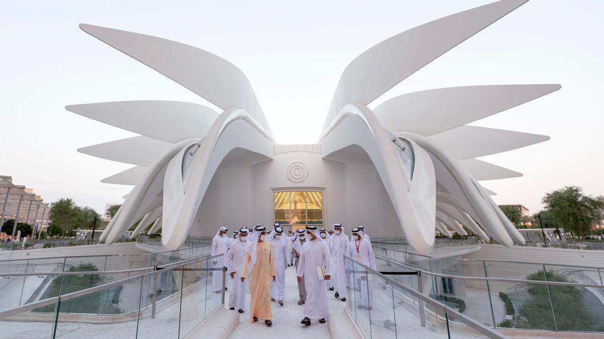 Sheikh Mohammed outside the UAE pavilion at Expo 2020 Dubai. Photo: Twitter
