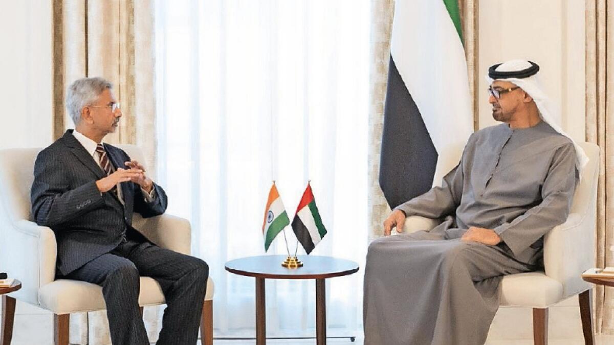 The UAE President, His Highness Sheikh Mohamed bin Zayed Al Nahyanwith Dr. S. Jaishankar, Minister of External Affairs of India, in Abu Dhabiin November 2021.