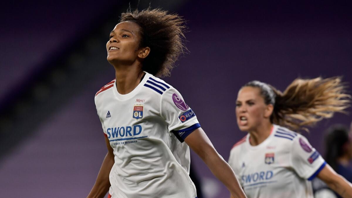 Lyon's French defender Wendie Renard celebrates after scoring a goal during the UEFA Women's Champions League semi-final football match between Paris Saint-Germain and Lyon at the San Mames stadium in Bilbao. Photo: AFP