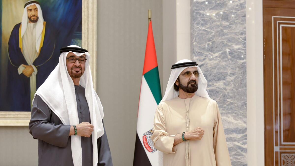 Sheikh Mohamed bin Zayed Al Nahyan and Sheikh Mohammed bin Rashid Al Maktoum in Abu Dhabi on Monday. — Photo courtesy: Twitter