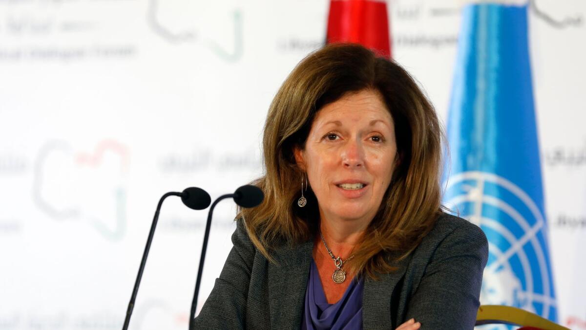 Stephanie Williams, Acting Special Representative of the Secretary-General and Head of the United Nations Support Mission speaks during a news conference in Tunis, Tunisia, on  Nov. 15, 2020.