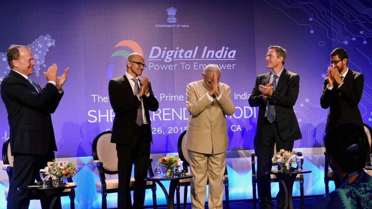 Indian Prime Minister Narendra Modi with Microsoft CEO Satya Nadella and Google CEO Sundar Pichai among others during the Digital India and Digital Technology dinner function in San Jose. File photo