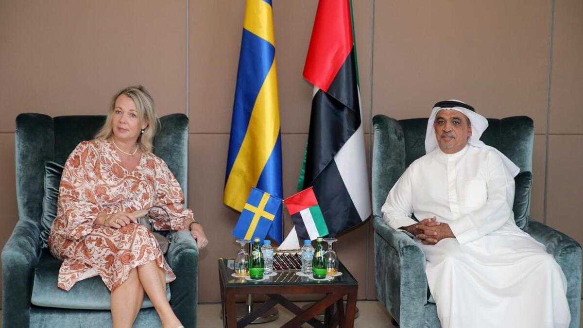 Mohamed Musabbeh Al Nuaimi, chairman, RAK Chamber of Commerce and Industry, and Liselott Anderson, Ambassador of the Kingdom of Sweden to the UAE, discussing matters of mutual interest during a meeting in Ras Al Khaimah on Wednesday. — Supplied photo