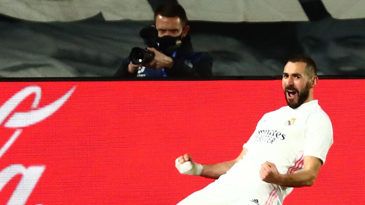 Real Madrid's Karim Benzema celebrates scoring their second goal on Tuesday night.