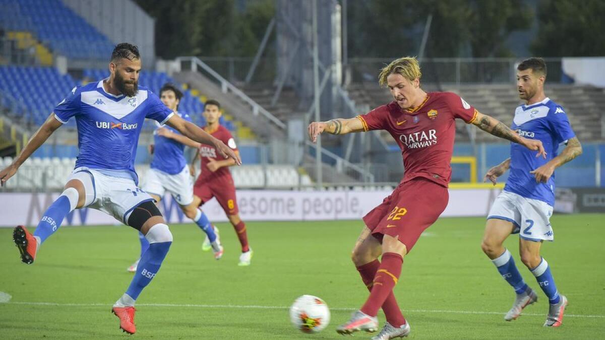 AS Roma midfielder Nicolo Zaniolo scores against Brescia on Saturday. - (AS Roma Twitter)