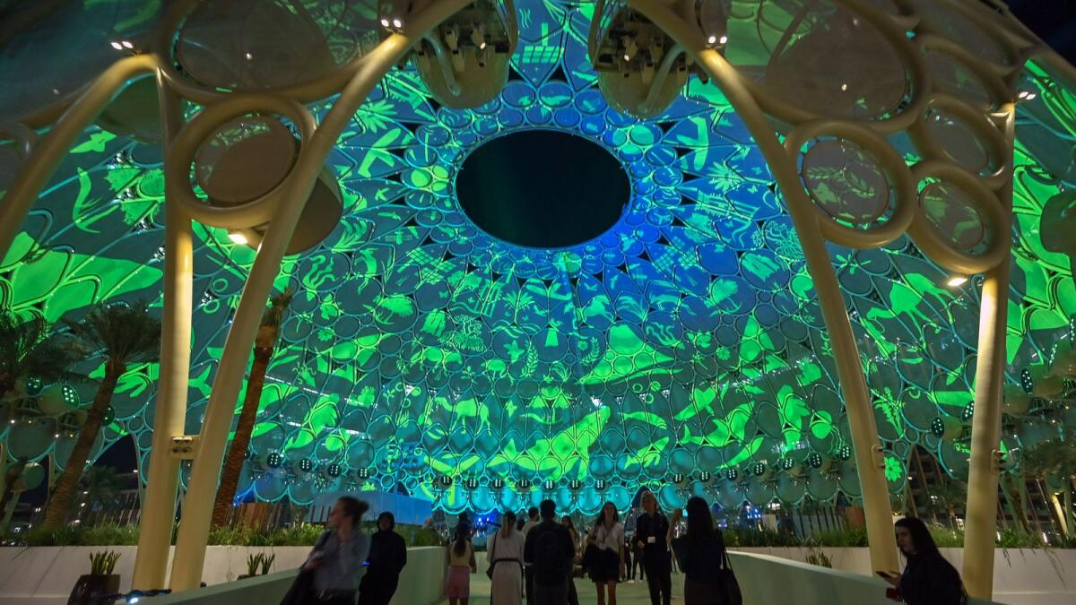 The COP28 logo reflected on the Al Wasl Dome during the event at Expo City in Dubai --  Photo by M. Sajjad