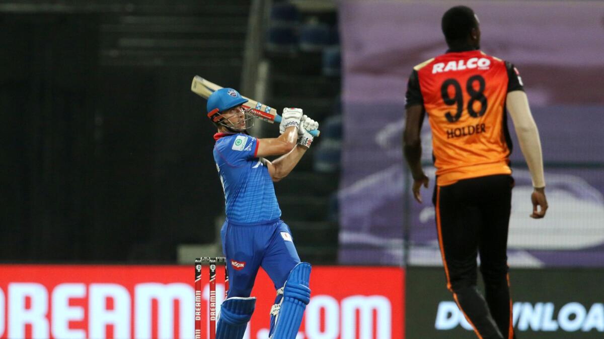 Marcus Stoinis of Delhi Capitals plays a shot during the IPL match against Sunrisers Hyderabad. — IPL