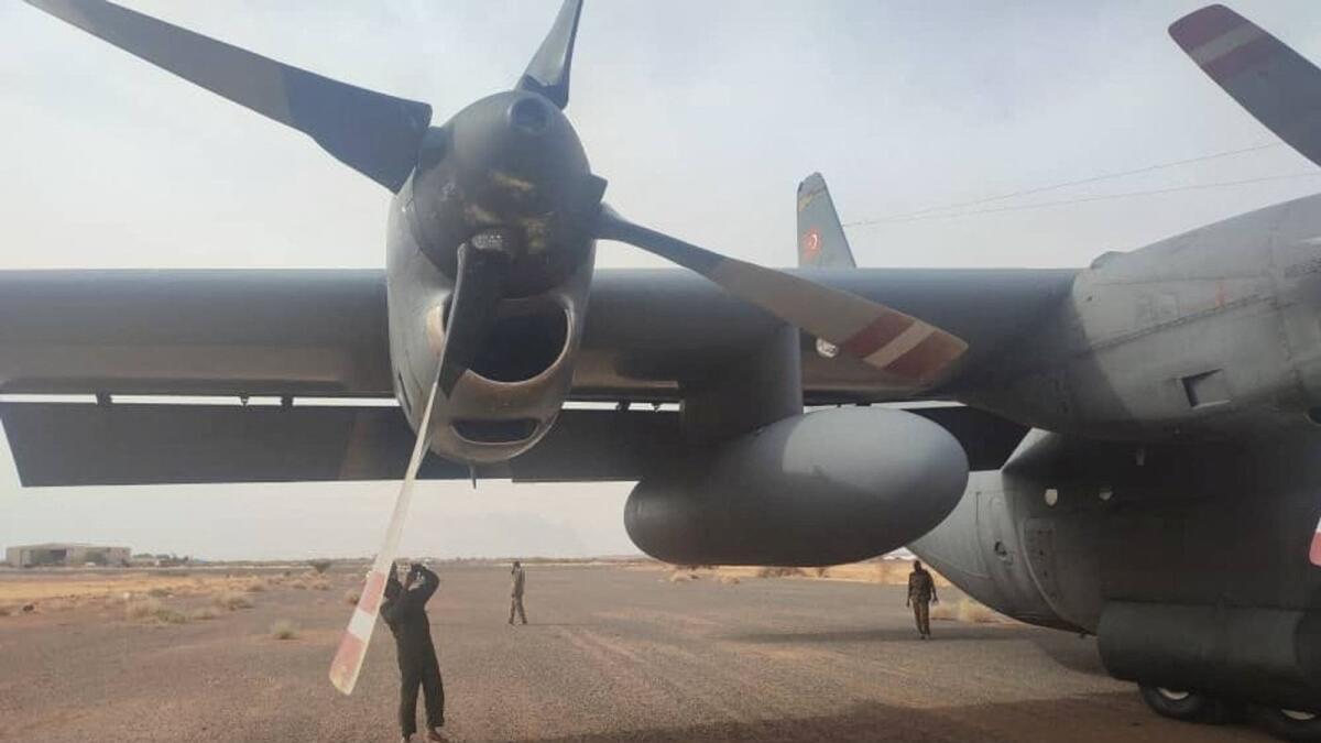 A view of a Turkish transport plane, posted by Sudanese army on social media, that they claim was shot up by RSF, at Wadi Seyidna Airport, Khartoum, on April 28, 2023. — Sudanese Armed Forces/via Reuters