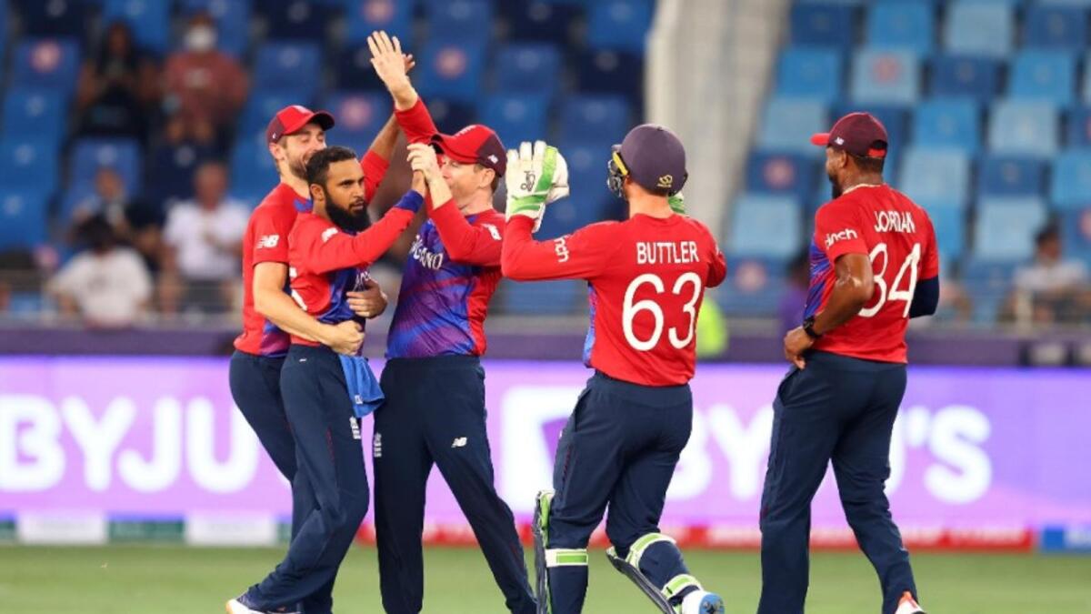 England players celebrate a wicket against West Indies in Dubai on Saturday. (ICC Twitter)