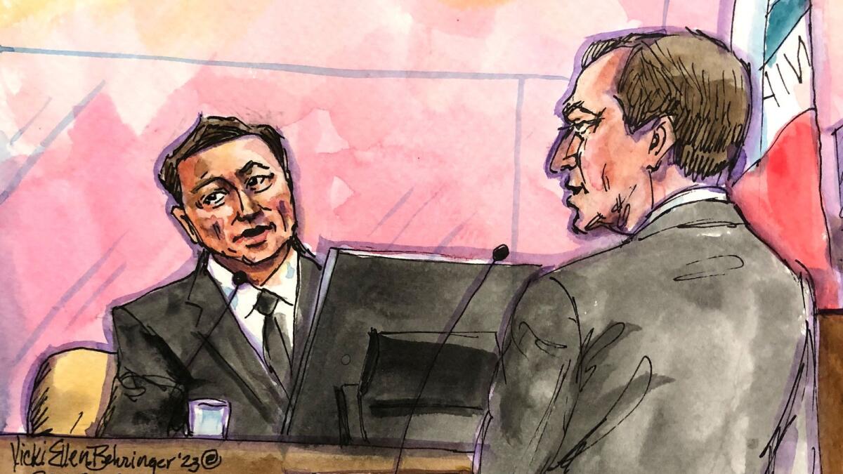 Tesla CEO Elon Musk is questioned by the investors' attorney Nicholas Porritt during a securities-fraud trial at federal court in San Francisco, California, in this courtroom sketch. — Reuters