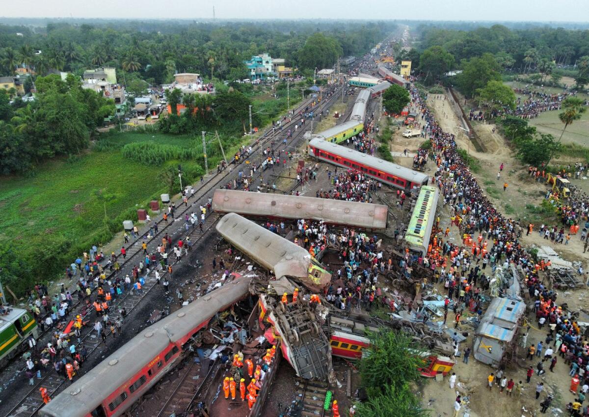 A drone view shows derailed coaches after trains collided in Balasore district in the eastern state of Odisha, India, on June 3, 2023. Photo: Reuters
