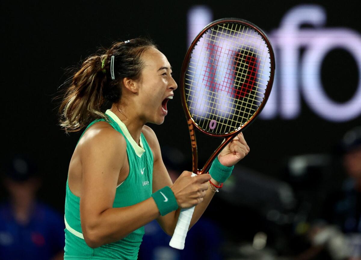 China's Qinwen Zheng celebrates winning her semifinal match against Ukraine's Dayana Yastremska. — Reuters