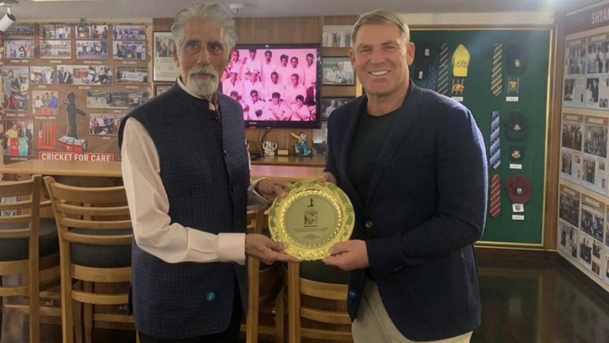 Shane Warne with Shyam Bhatia at the latter's cricket museum in Dubai. (Supplied photo)