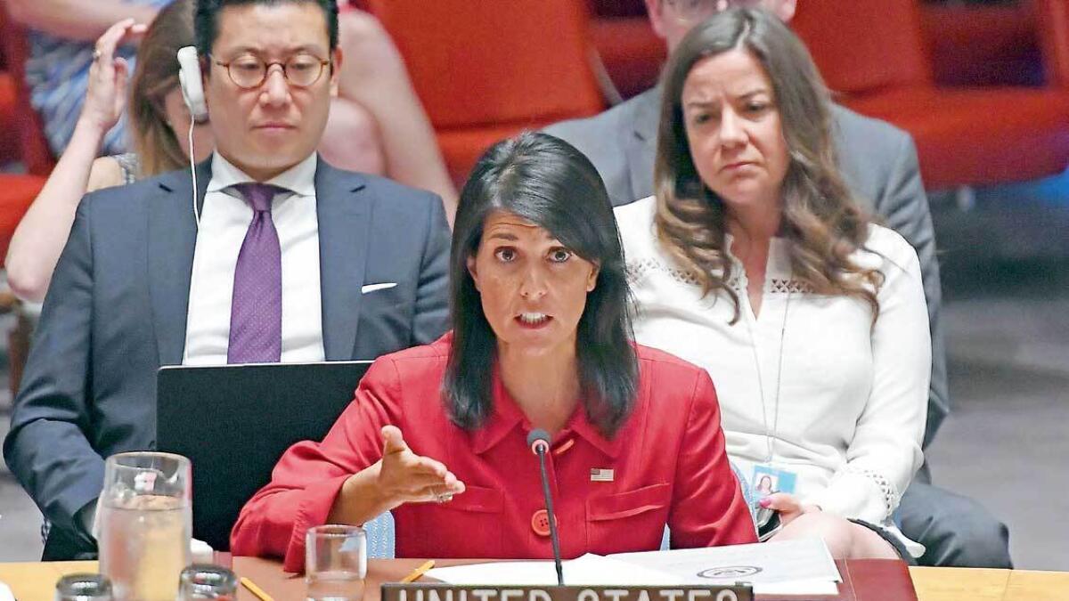US envoy to the UN Nikki Haley at a Security Council meeting on North Korea at the UN headquarters in New York. 