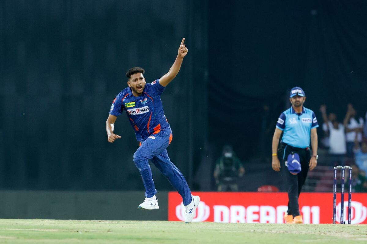 Mohsin Khan of Lucknow Super Giants celebrates after the match. — IPL