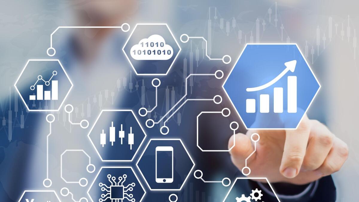 Business intelligence (BI) analytics data icons connected with microchip