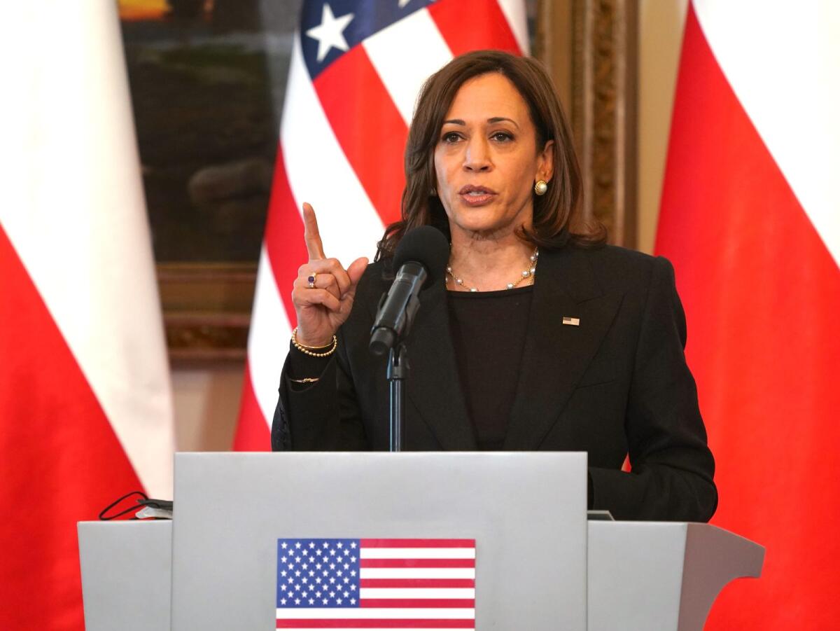 US Vice President Kamala Harris speaks during a press conference with the Polish President at Belwelder Palace in Warsaw, Poland, March 10, 2022. Photo: AFP