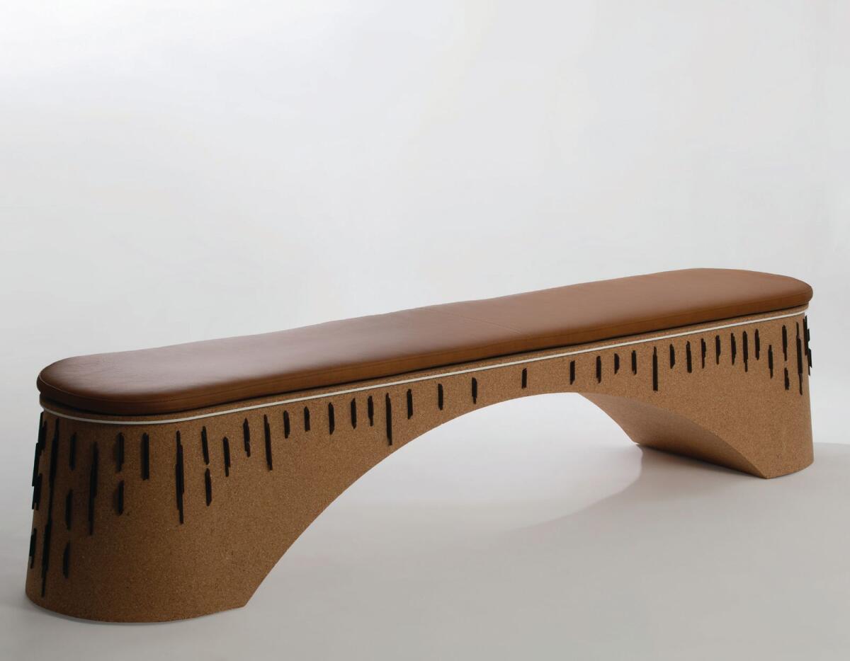 Kaseeriya by South African designer Ebrahim Assur – an elegant bench using materials including Palmade biodegradable pallets, recycled cork and camel leather