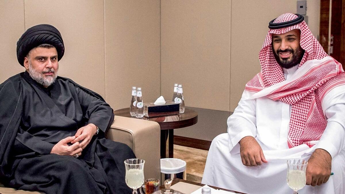 Saudi Crown Prince Mohammed bin Salman with Iraqi Shia leader Muqtada Al Sadr in Saudi Arabia. The visit was followed by a host of goodwill gestures, such as the reopening of the Arar border.- Reuters