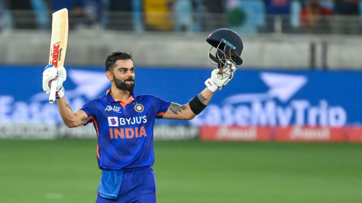 India's Virat Kohli celebrates after scoring a century against Afghanistan in Dubai on Thursday. — M Sajjad