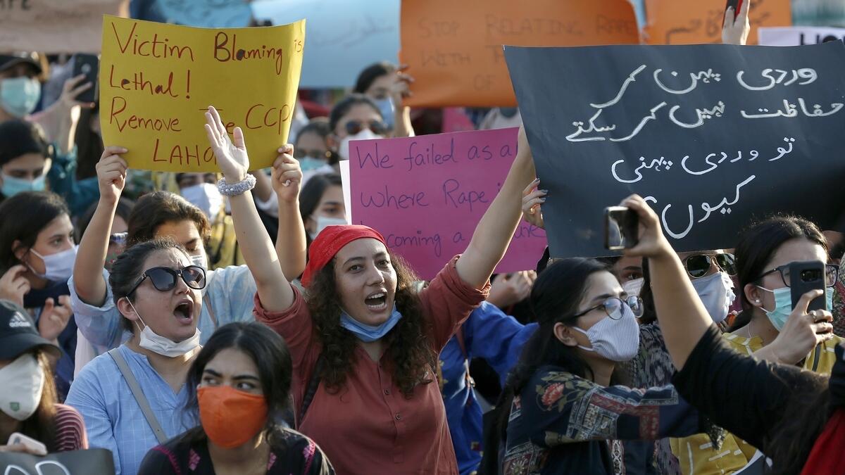 Members of Women Democratic Front chant slogans during a rally to condemn the incident of rape on a deserted highway, in Islamabad.