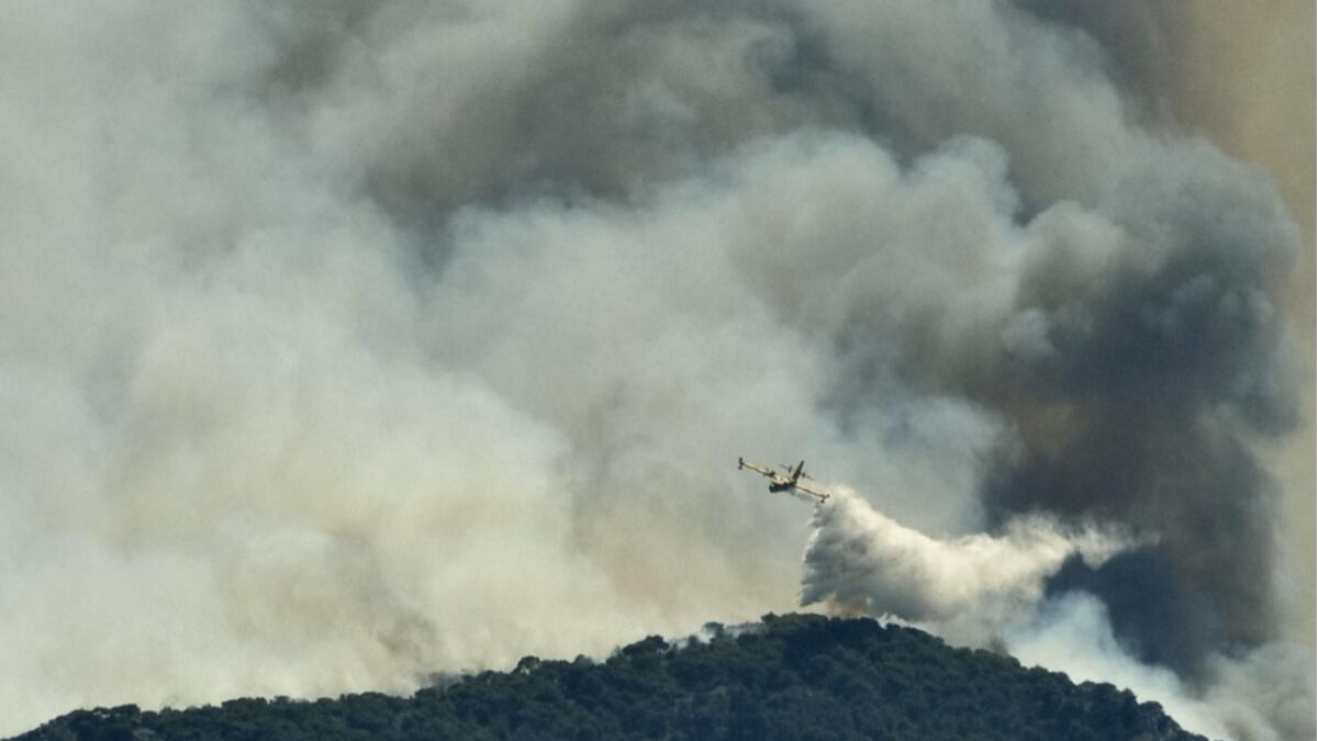 A firefighting plane makes a water drop as a wildfire burns near the village of Kechries, Greece. Photo: Reuters