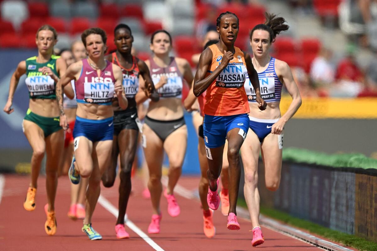 Netherlands' Sifan Hassan runs ahead of other athletes while competing in the women's 1500m heats.  - AFP