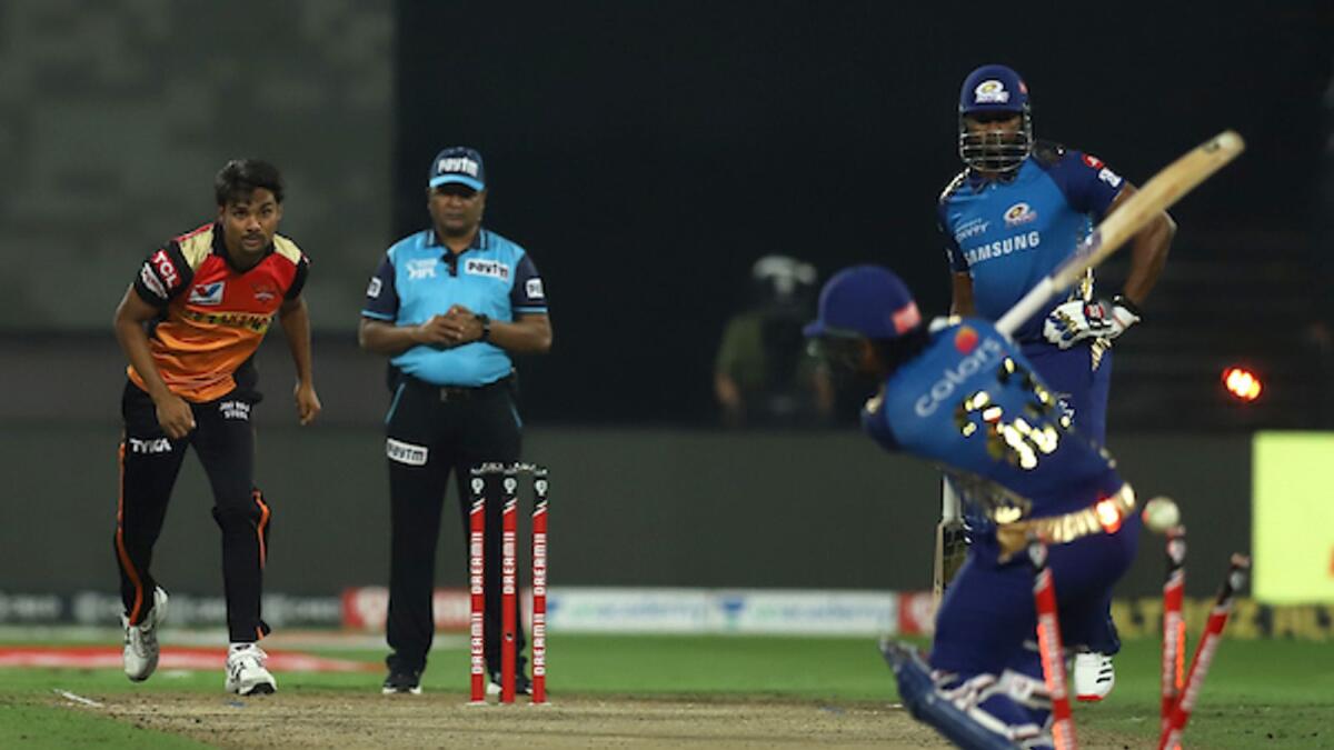Ishan Kishan of Mumbai Indians is bowled by Sunrisers Hyderabad's Sandeep Sharma in Sharjah on Tuesday night. — BCCI/IPL