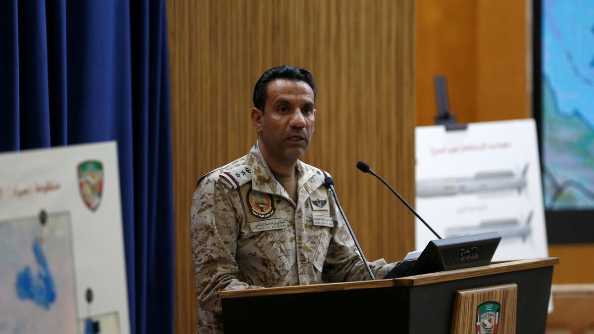 Coalition spokesman Colonel Turki Al Malki speaks during a news conference in Riyadh, Saudi Arabia.-Reuters