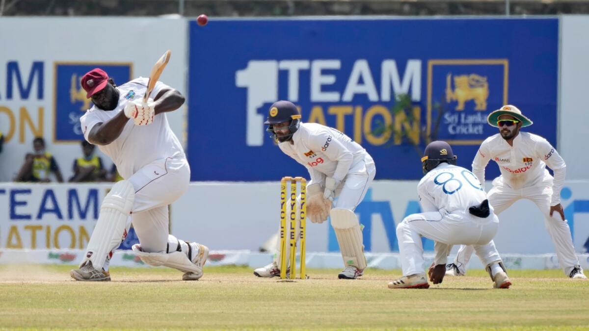 West Indies batsman Rahkeem Cornwall plays a shot against Sri Lanka in Galle on Tuesday. — AP
