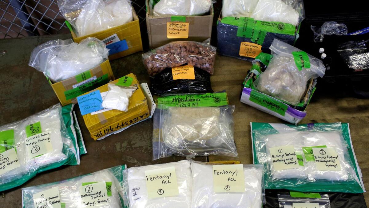 Plastic bags of Fentanyl are displayed on a table at the US Customs and Border Protection area at the International Mail Facility at O'Hare International Airport in Chicago. — Reuters file