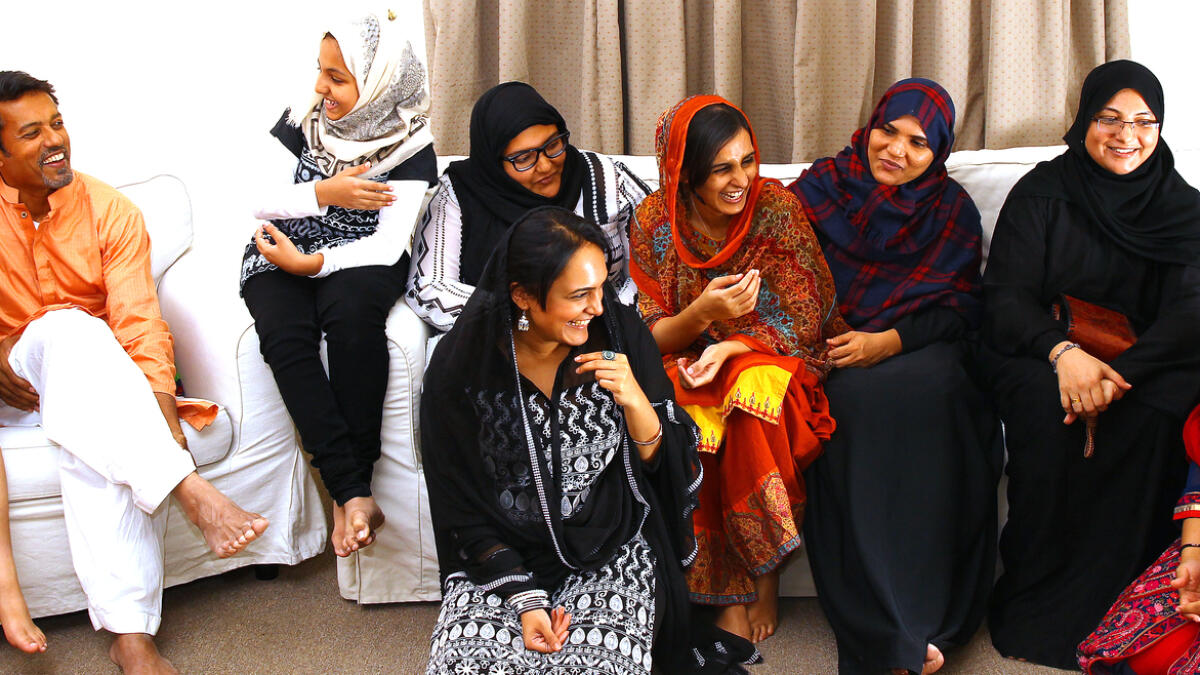 Ayman, Zahir Hassan, Aliya, Sharafa, Shireen, Shazin, Shahanaz, Fathima and Shaza share a family joke at their residence on Jumeirah Beach Road, Dubai. ­— Photos by Juidin Bernarrd