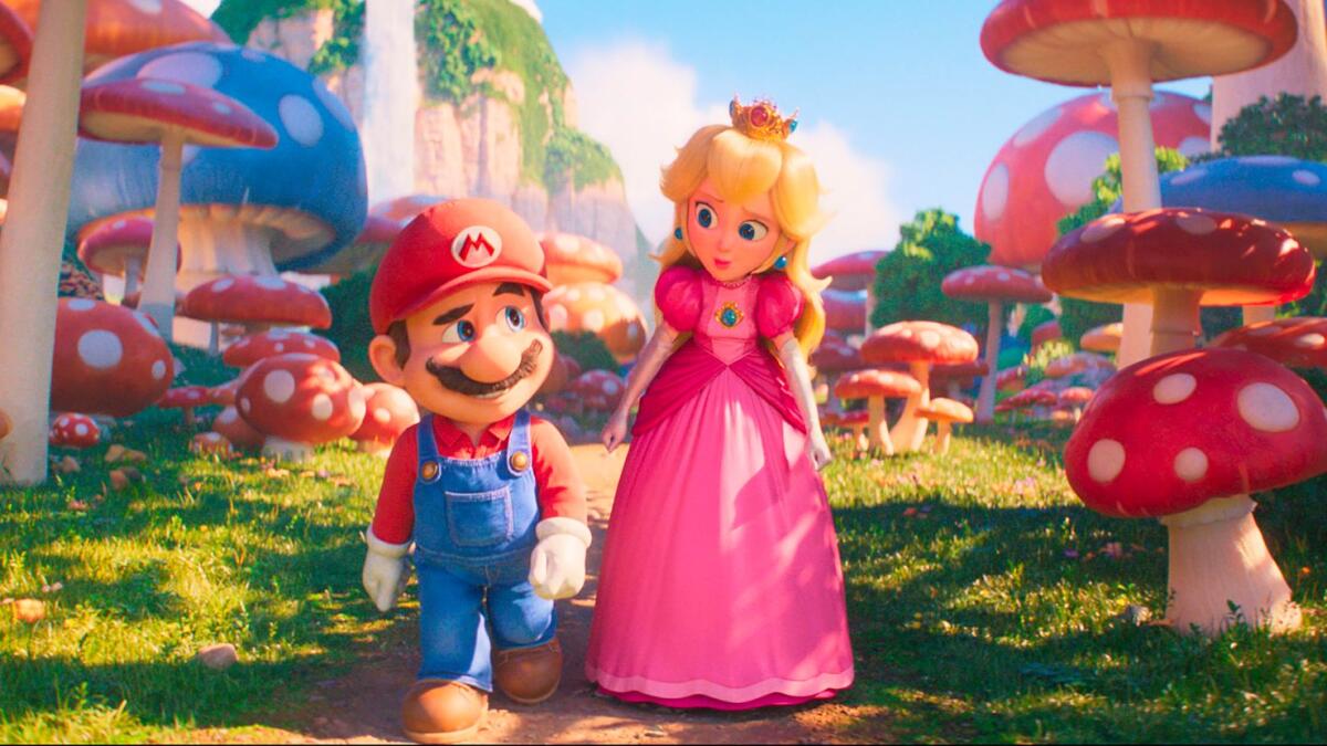Mario, voiced by Chris Pratt, left, and Princess Peach, voiced by Anya Taylor-Joy, in Nintendo's 'The Super Mario Bros. Movie.'