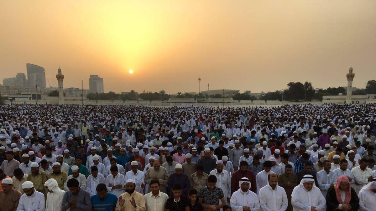 People gather to offer prayers during ? ?Eid Al Fitr in Bur Dubai, ?Dubai?. Photo by Rahul Gajjar/Khaleej Times