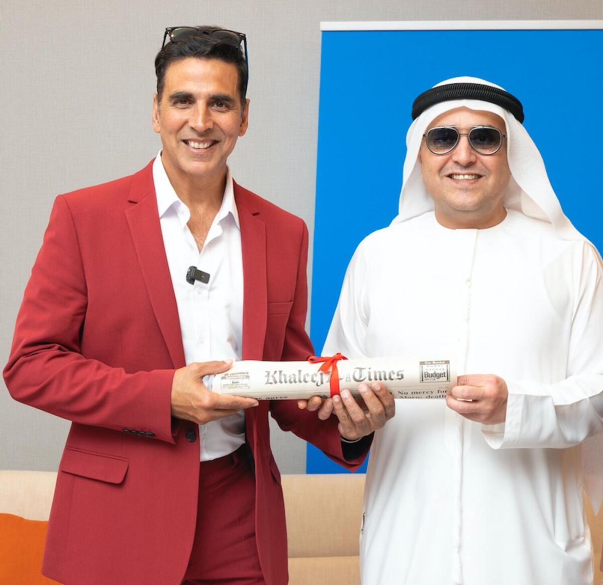 Suhail Galadari, Co-Chairman of Galadari Brothers, presents a copy of the first edition of Khaleej Times to Bollywood star Akshay Kumar during his visit to the Galadari Brothers HQ on Monday. Khaleej Times is the oldest English newspaper in the UAE and was founded on April 16, 1978. The first edition was launched by then Dubai Ruler Sheikh Rashid. Kumar is in town to promote his family drama Raksha Bandhan. The film will release in the UAE on August 11. — Photo by Shihab