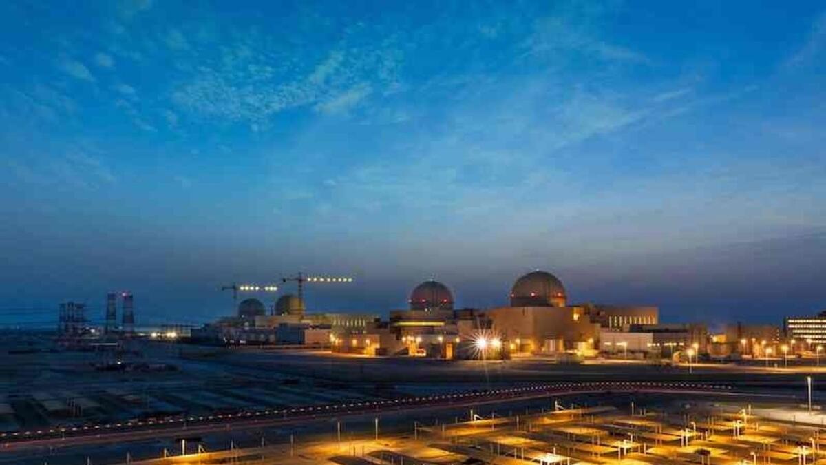A handout image shows a general view of the Barakah Nuclear Power Plant in the Gharbiya region of Abu Dhabi on the Gulf coastline about 50 kilometres west of Ruwais. Al Mazrouei stressed that the Barakah Nuclear Power Plant is a leading innovative energy project in the process of energy transition. — Wam